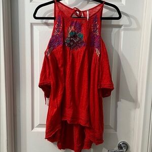 Free People Embroidered Cold Shoulder Top | Size Medium